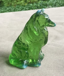 Green opalescent Collie figurine by Mosser Glass.