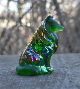 Emerald green glass collie iridized body satin head and tail