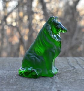 Emerald green Mosser glass collie with satin body and clear head and tail